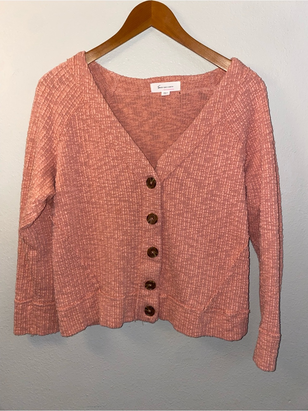 TWO by Vince Camuto Peach Coral Textured Button Front Cardigan Sweater